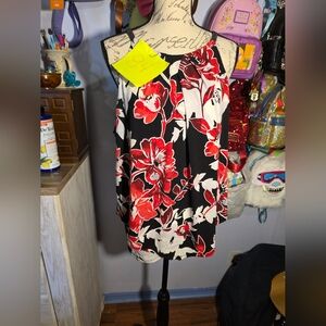 White House Black Market Red White Black Blouse Sparkly Straps Size Xlarge
